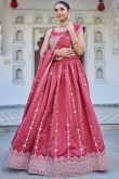 Brick Red Silk Blend Lehenga With Zari Work For Diwali