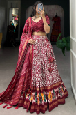 Brick Red Tussar Silk Lehenga With Printed Work For Diwali