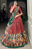 Brick Red Tussar Silk Lehenga With Printed Work For Diwali