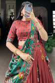 Brick Red Tussar Silk Lehenga With Printed Work For Diwali