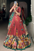 Brick Red Tussar Silk Lehenga With Printed Work For Diwali