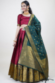 Brick Red Weaved Zari Silk South Indian Style Lehenga 
