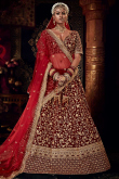 Bridal Wear Dark Maroon Velvet A-Line Embroidered Lehenga