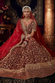 Bridal Wear Dark Maroon Velvet A-Line Embroidered Lehenga