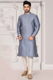 Brocade Bluish Grey Men Kurta With Churidar