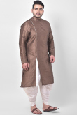 Brown Dupion Silk Indo-Western Men Kurta With Dhoti