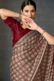 Burgundy Maroon Crepe Saree with Printed Detailing