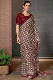 Burgundy Maroon Crepe Saree with Printed Detailing