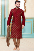 Burgundy Maroon Dupion Silk Embroidered Men Kurta Pajama