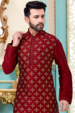 Burgundy Maroon Dupion Silk Embroidered Men Kurta Pajama