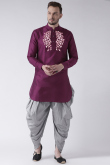 Burgundy Maroon Dupion Silk Embroidered Straight Cut Men's Kurta Dhoti