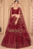 Lehenga in Burgundy Maroon Net for Party Wear with Beads Work