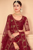 Lehenga in Burgundy Maroon Net for Party Wear with Beads Work