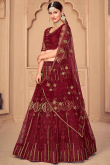 Lehenga in Burgundy Maroon Net for Party Wear with Beads Work