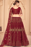 Lehenga in Burgundy Maroon Net for Party Wear with Beads Work