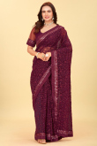 Burgundy Maroon Net Embroidered Saree For Festival