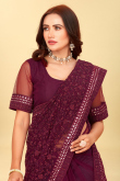 Burgundy Maroon Net Embroidered Saree For Festival