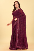 Burgundy Maroon Net Embroidered Saree For Festival