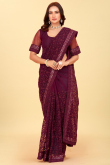Burgundy Maroon Net Embroidered Saree For Festival