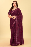 Burgundy Maroon Net Embroidered Saree For Festival