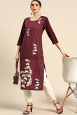 Burgundy Maroon Poly Crepe Priinted Kurti