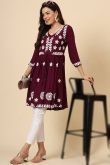 Burgundy Maroon Rayon Embroidered Ready Made Frock Style Kurti
