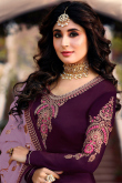 Burgundy Maroon Satin Silk Embroidered Churidar Suit For Sangeet