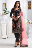 Resham Embroidered Georgette Straight Pant Suit In Black Color