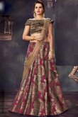 Wine Jacquard Lehenga saree With Brown Choli