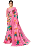 Casual Wear Floral Print Carnation Pink Saree in Chiffon