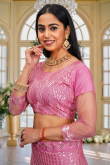 Carnation Pink Net Embroidered Panelled Style Lehenga
