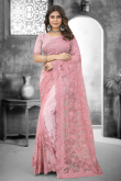 Carnation Pink Net Saree with Resham, Stone, and Thread Work Blouse