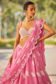 Carnation Pink Patch Embroidered Organza Party Wear Wedding Lehenga