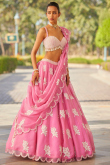Carnation Pink Patch Embroidered Organza Party Wear Wedding Lehenga