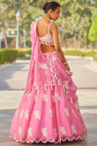 Carnation Pink Patch Embroidered Organza Party Wear Wedding Lehenga