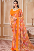 Carrot Orange Chiffon Saree With Printed Work For Casual Wear