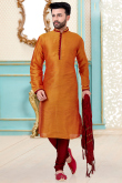 Carrot Orange Dupion Silk Plain Men Kurta Pajama