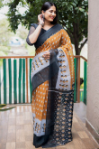 Printed Party Wear Saree in Carrot Orange Linen