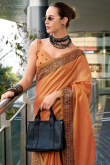 Carrot Orange Linen Weaved Thread Broad Border Saree 
