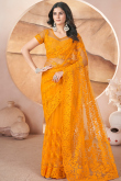 Carrot Orange Net Embroidered Fancy Saree for Festival 
