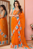 Carrot Orange Net Embroidered Light Weight Saree