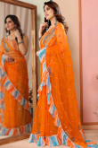 Carrot Orange Net Embroidered Light Weight Saree