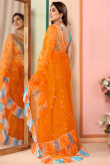 Carrot Orange Net Embroidered Light Weight Saree