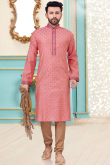 Carrot Pink Dupion Silk Woven Zari Men Kurta Pajama