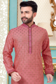 Carrot Pink Dupion Silk Woven Zari Men Kurta Pajama