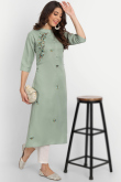 Casual Wear Beads Embroidered Greenish Grey Ready Made Kurti in Cotton