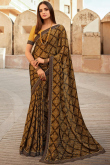 Casual Wear Dark Brown Printed Saree in Georgette 