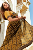 Casual Wear Dark Brown Printed Saree in Georgette 