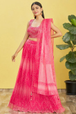 Cerise Pink Flared Style Printed Organza Lehenga For Sangeet 