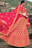 Cerise Pink Satin A-Line Embroidered Lehenga